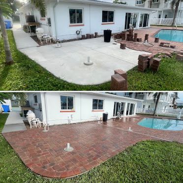 Patio with sliding glass door and pool visible. Beige tile floor, turquoise wall, and stone edging.