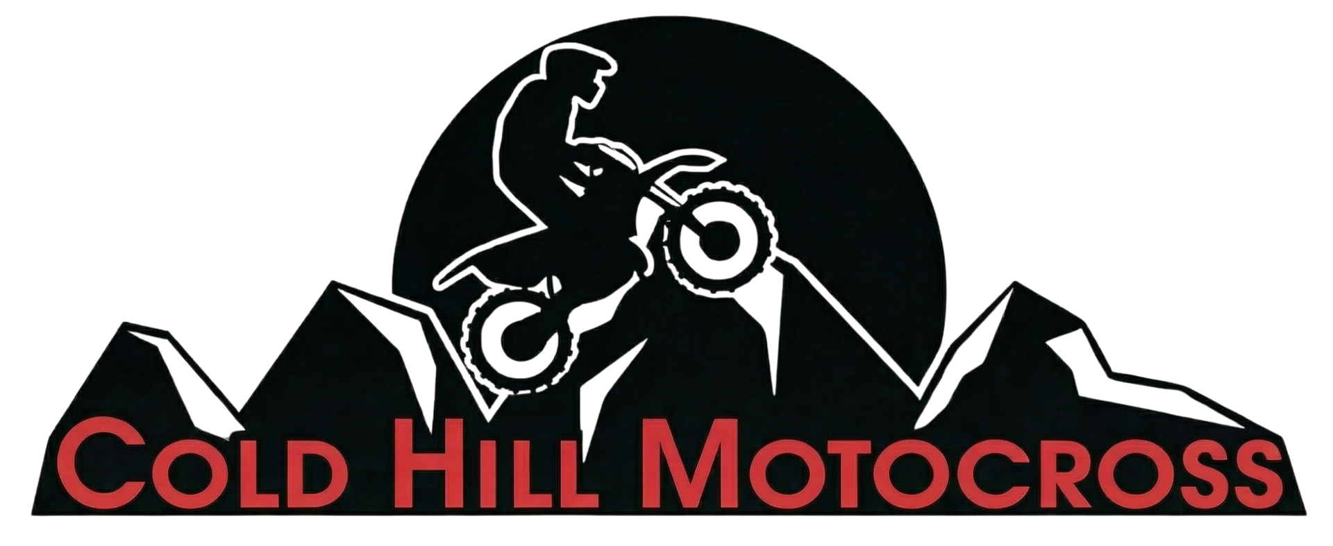 Logo for Cold Hill Motocross featuring a black silhouette of a motocross rider on a mountain with red text below.