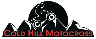 Logo for Cold Hill Motocross featuring a black silhouette of a motocross rider on a mountain with red text below.