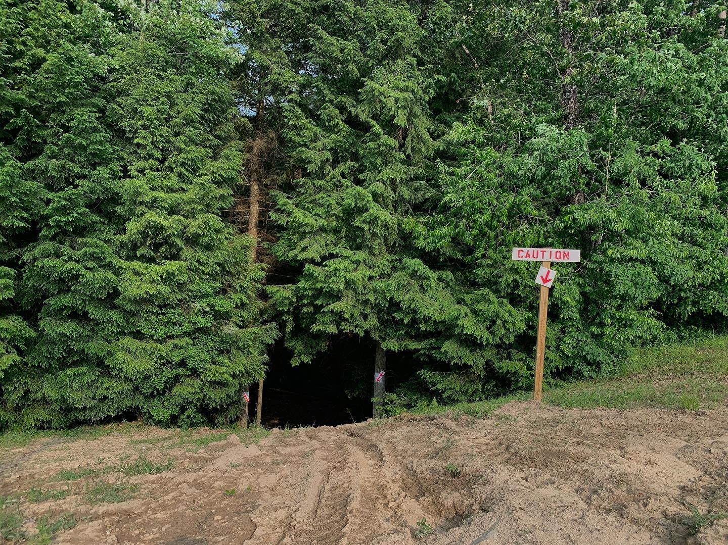A dark entrance to a forest trail marked by a sign on a wooden post in front of a clearing of dirt.
