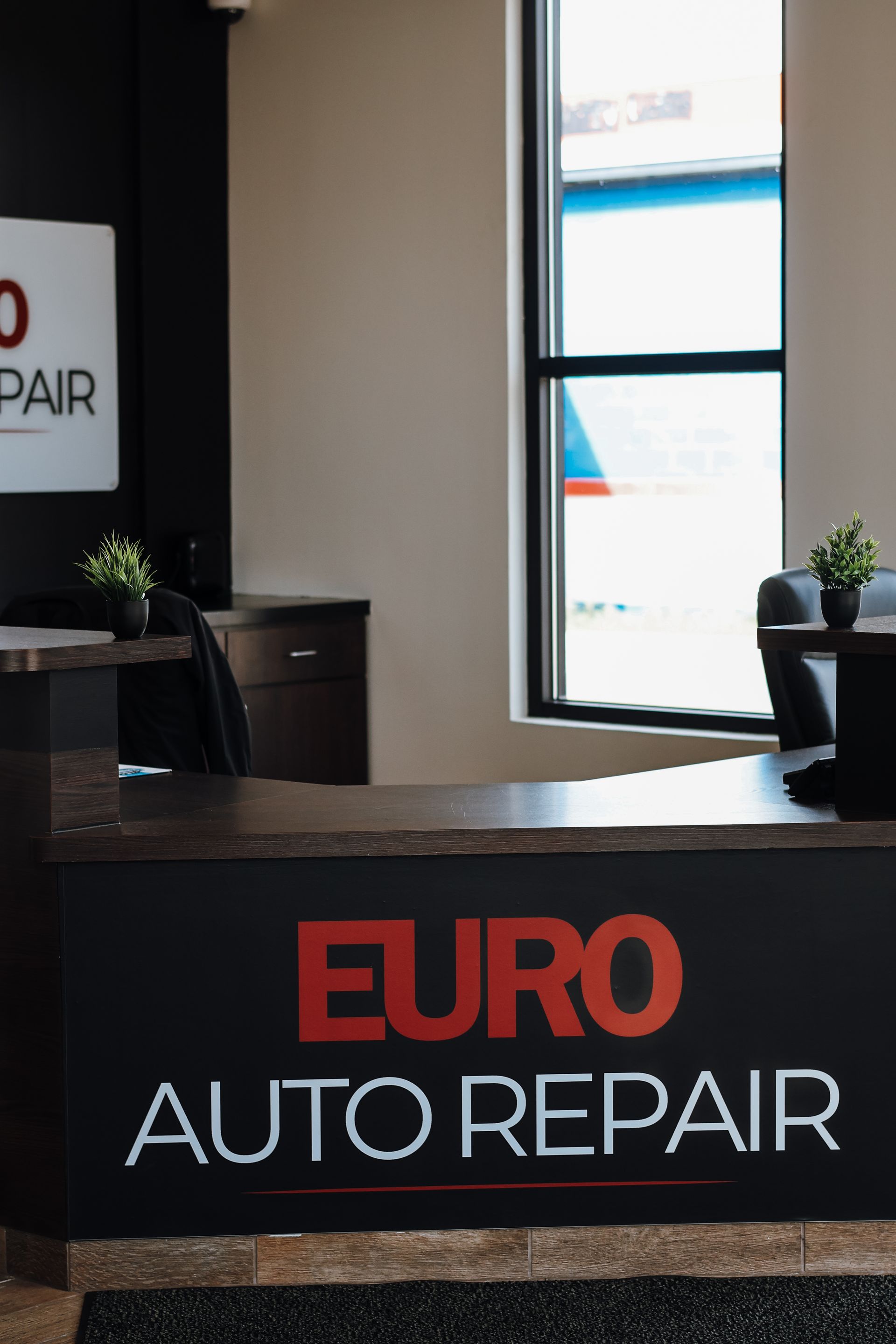 Reception desk of Euro Auto Repair with logo, plants, and window. | Euro Auto Repair