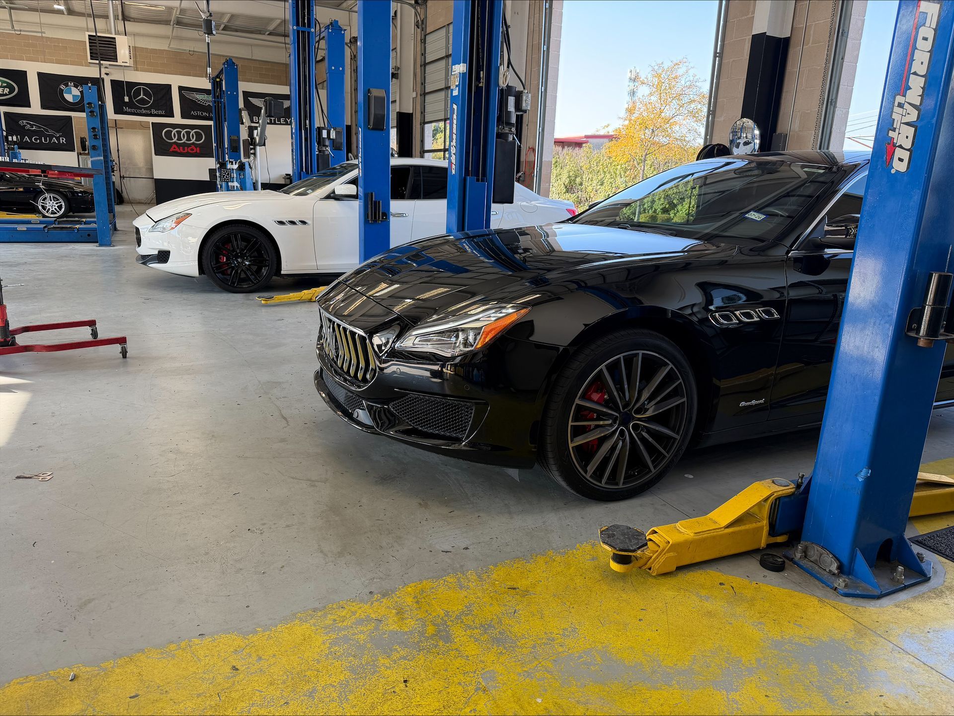 Black Maserati car on lift in repair shop, white Maserati in background, auto repair equipment visible | Euro Auto Repair