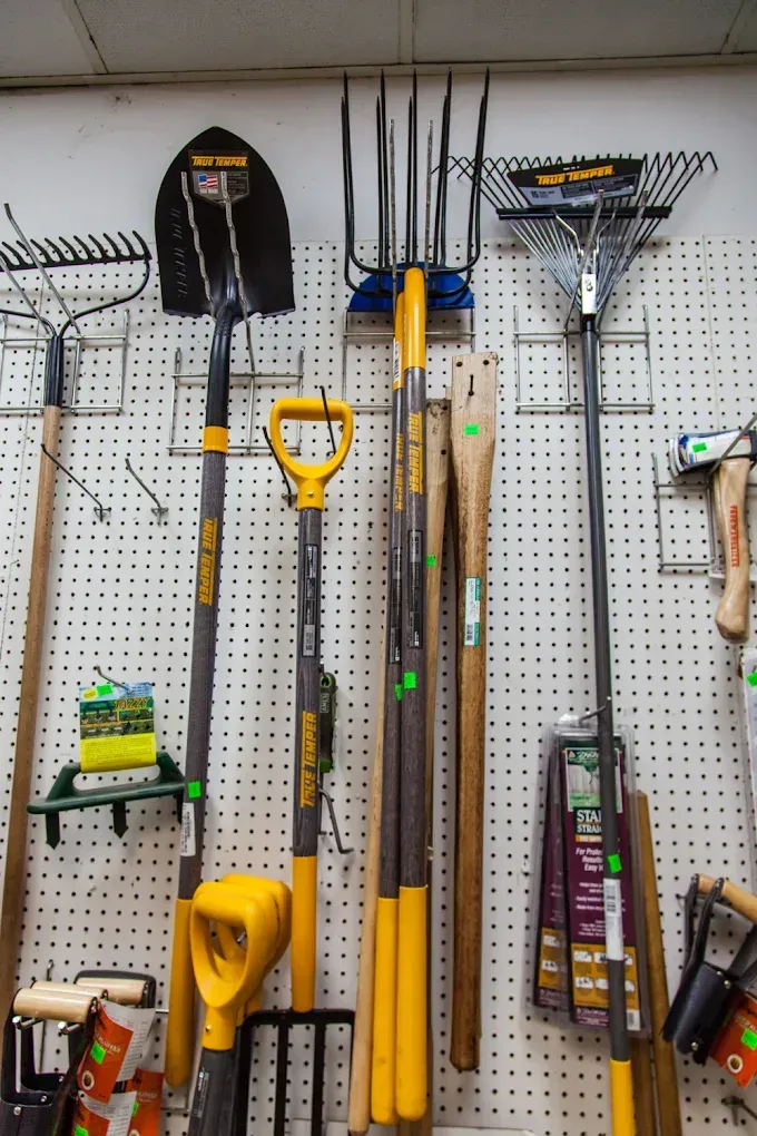 A bunch of gardening tools are hanging on a wall