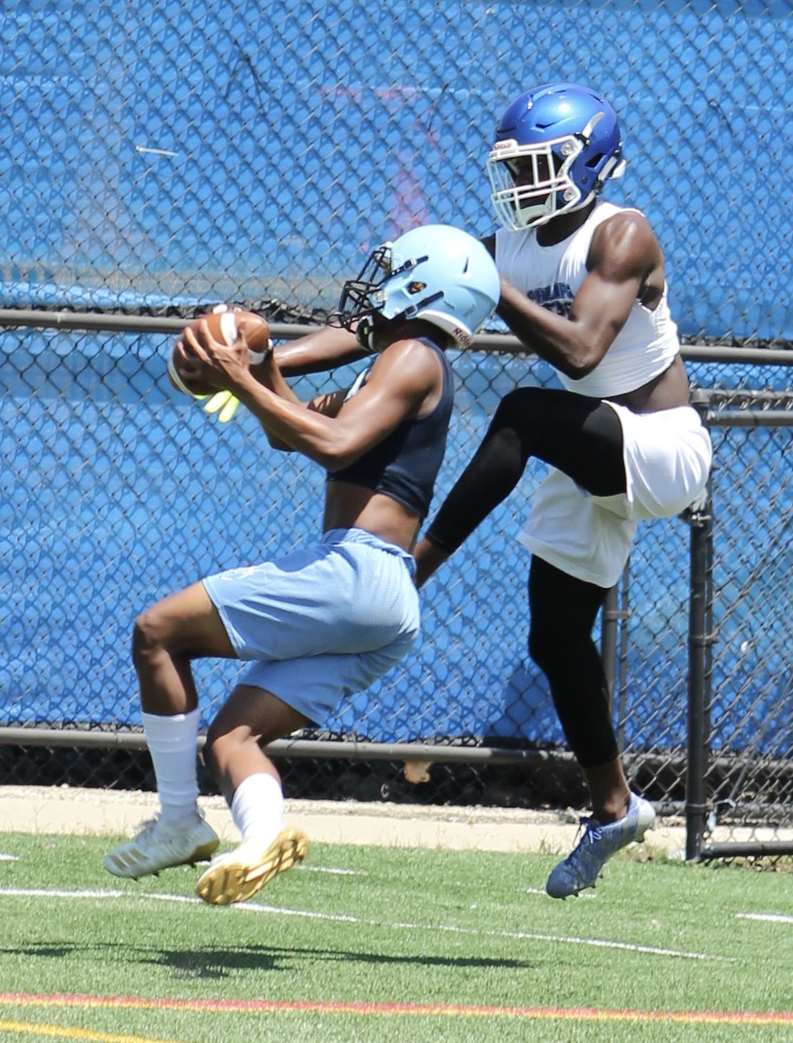 Two football players are playing a game on a field