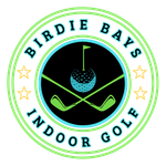 Logo for Birdie Bays Indoor Golf: circle design, green and blue, golf ball and crossed clubs.