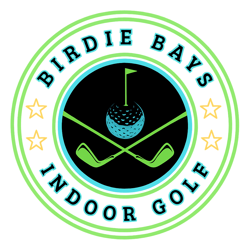 Logo for Birdie Bays Indoor Golf: circle design, green and blue, golf ball and crossed clubs.