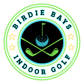 Logo for Birdie Bays Indoor Golf: circle design, green and blue, golf ball and crossed clubs.