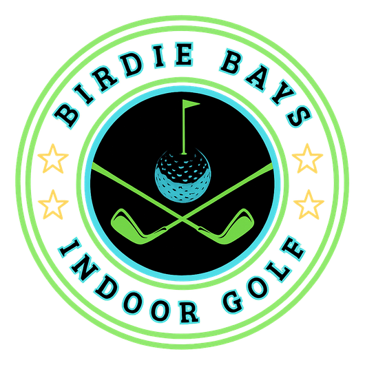 Logo for Birdie Bays Indoor Golf: circle design, green and blue, golf ball and crossed clubs.