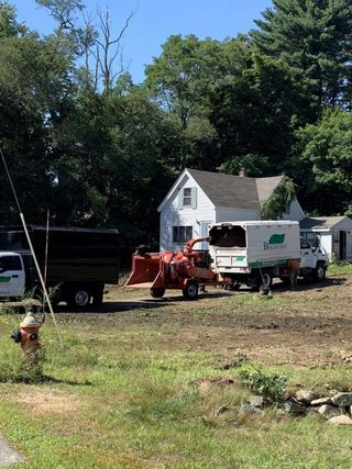 A truck is parked in a grassy field in front of a house.