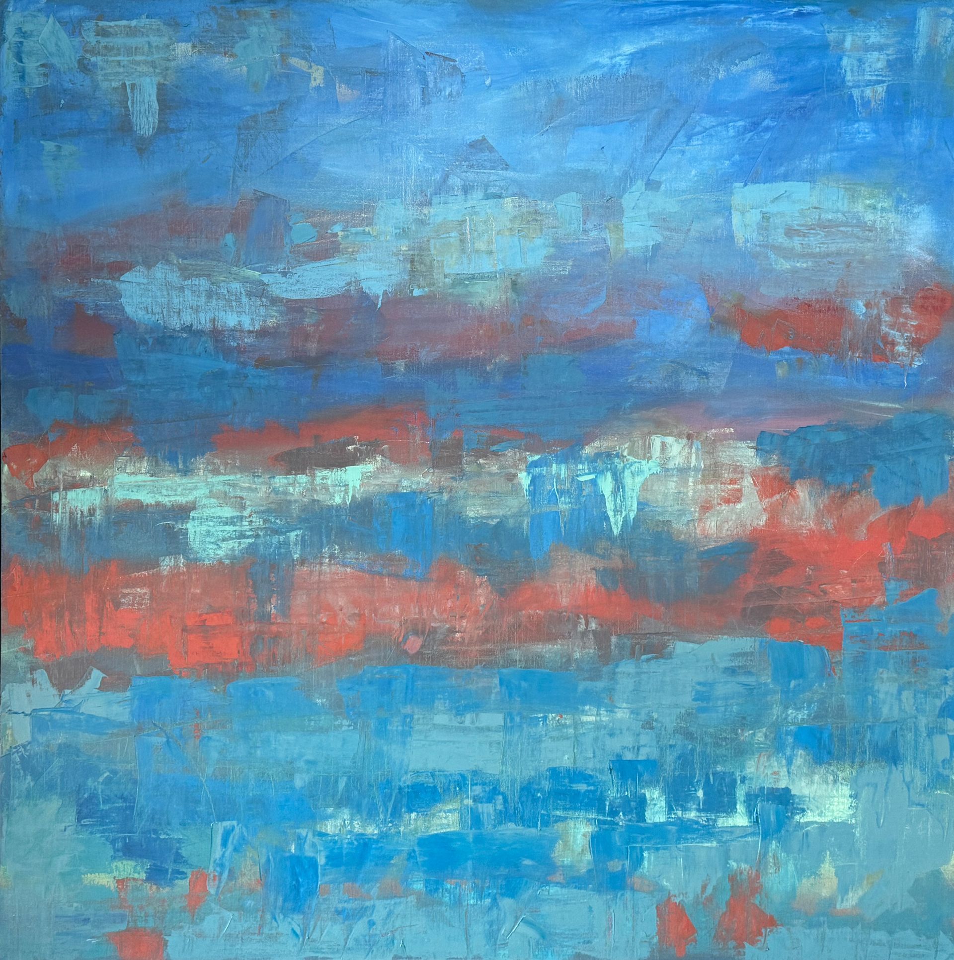 Abstract blue painting with horizontal red and white brushstrokes