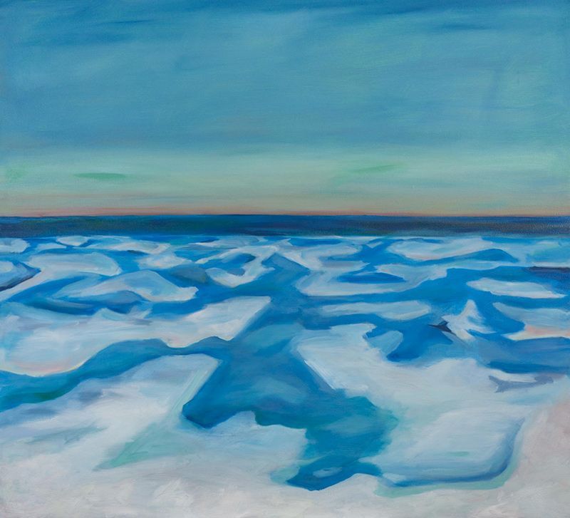 An oil painting of a vast, icy blue and white landscape stretching to a dark horizon line under a pale, muted sky.
