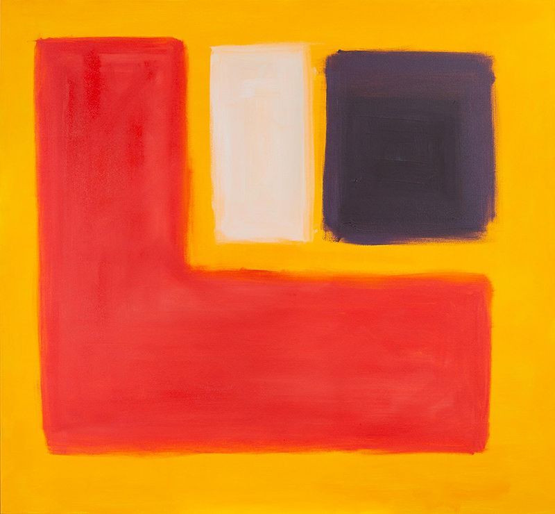 Abstract painting with a red L-shaped form, a white rectangle, and a dark blue square on a bright yellow background.