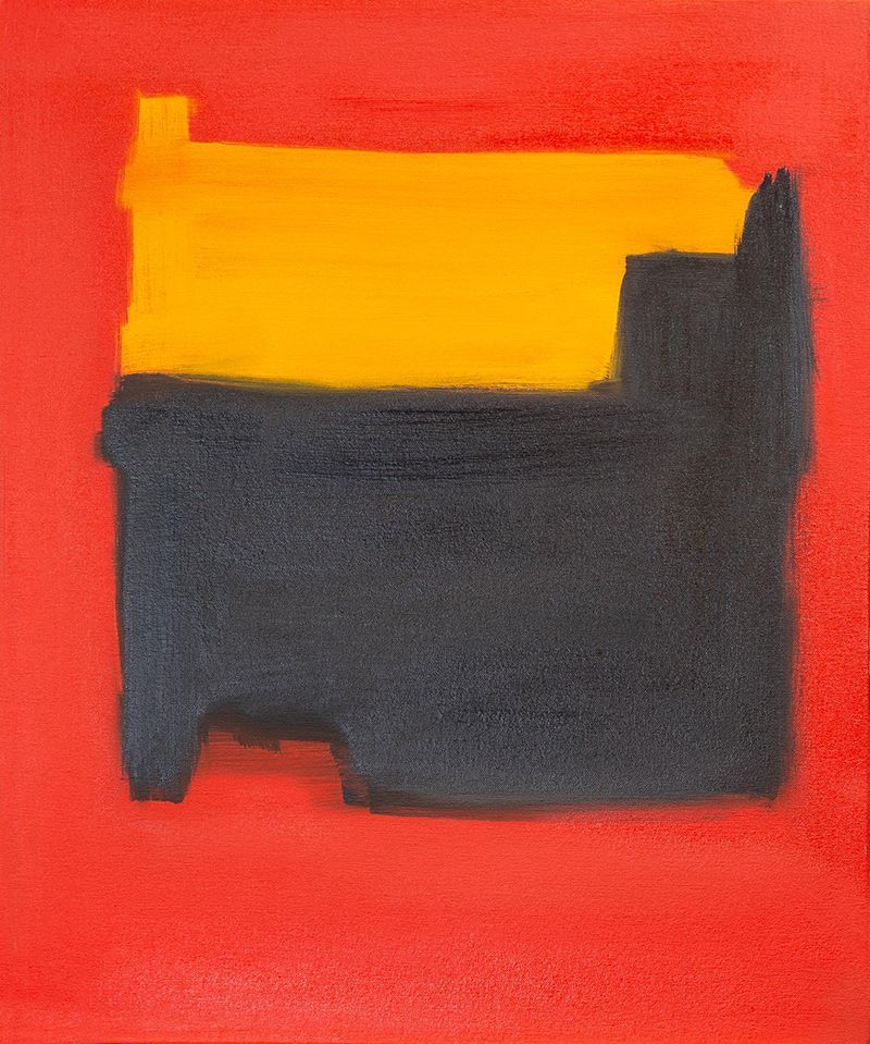 A rectangular yellow shape sits above a textured dark grey shape, both centered against a vibrant red background.