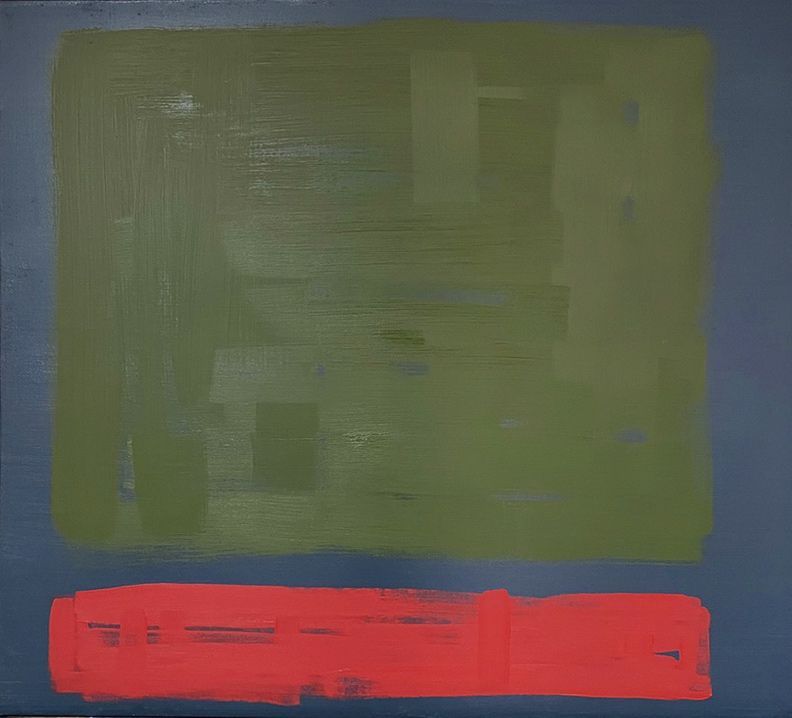 Abstract painting with a large olive-green rectangle above a horizontal red bar on a dark blue background.