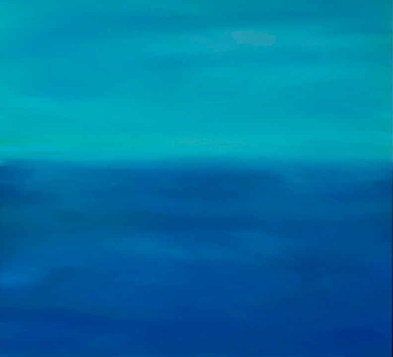 Abstract painting with horizontal bands of blending teal, turquoise, and deep blue colors.