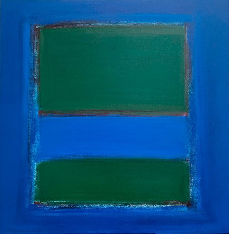 An abstract painting with two horizontal green rectangles separated and framed by vibrant blue fields.