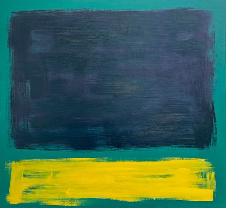 Abstract painting with a large dark navy rectangular block above a horizontal yellow band on a bright teal background.