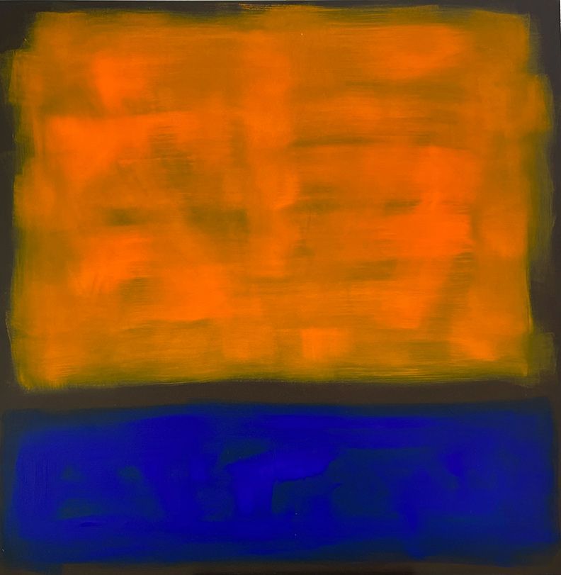 An abstract painting featuring a large orange rectangle above a smaller blue rectangle against a dark background.
