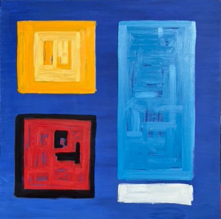 Abstract painting featuring a yellow square, a black-bordered red square, a blue rectangle, and a small white bar on blue.