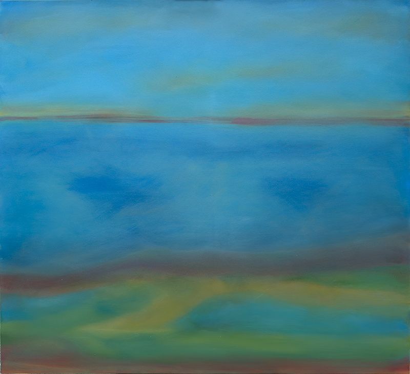 An abstract oil painting with soft, horizontal bands of blue, green, and brown, evoking a serene, atmospheric landscape.