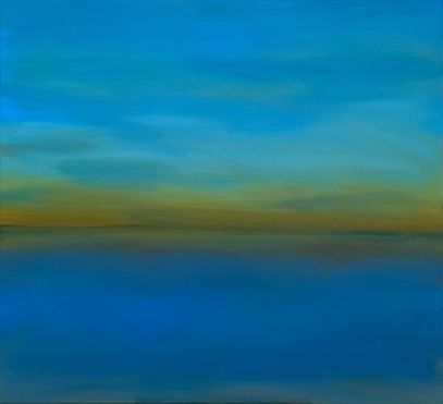 An abstract painting of a calm blue sea under a sky with bands of blue and warm golden light at the horizon.