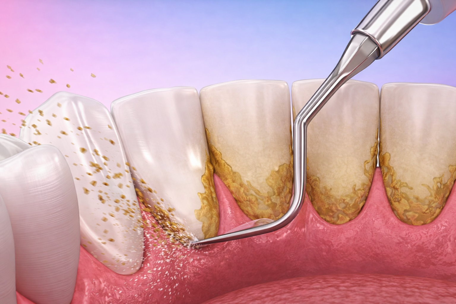 Dentes sendo limpos com um raspador dental, removendo placa bacteriana e tártaro. Gengivas rosadas e fundo colorido.