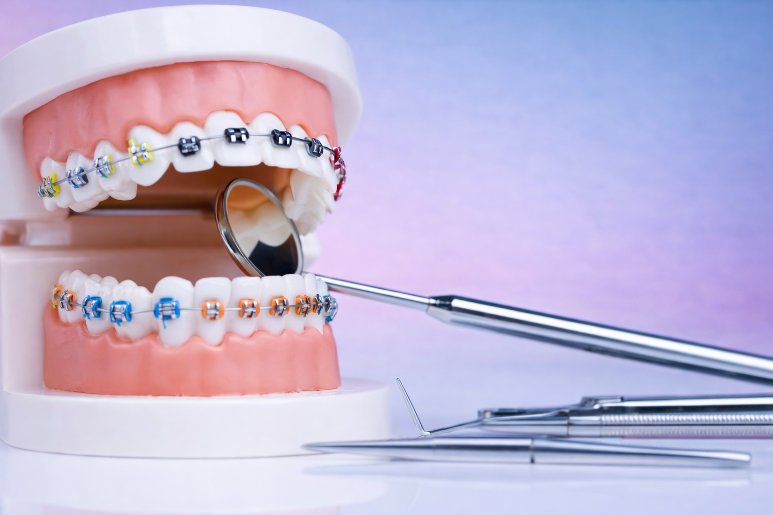 Aparelho metálico fixo em modelo dentário
