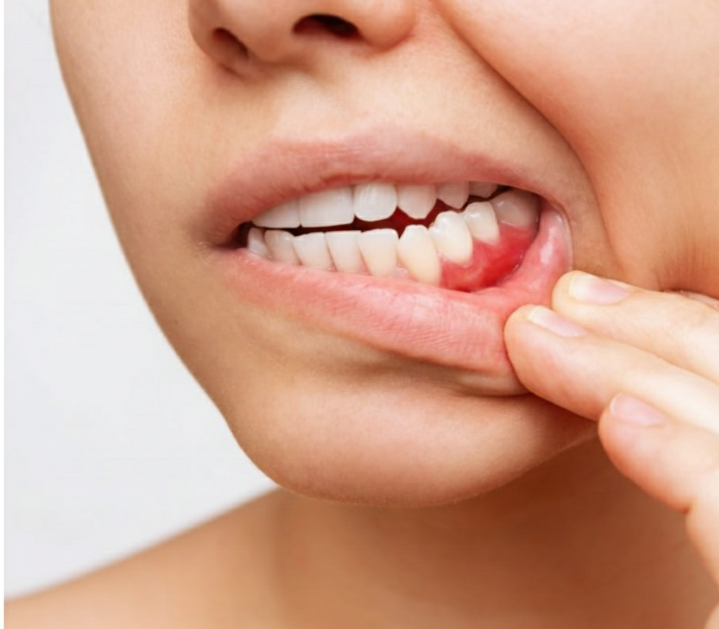 Dente e gengiva com sinais de inflamação periodontal
