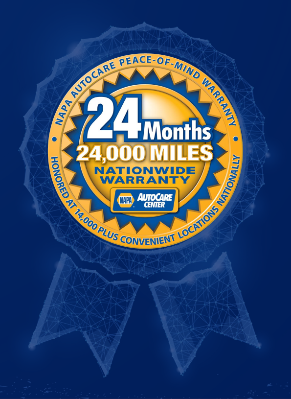 NAPA AutoCare 24-month/24,000-mile nationwide warranty badge with blue and gold ribbon graphic.