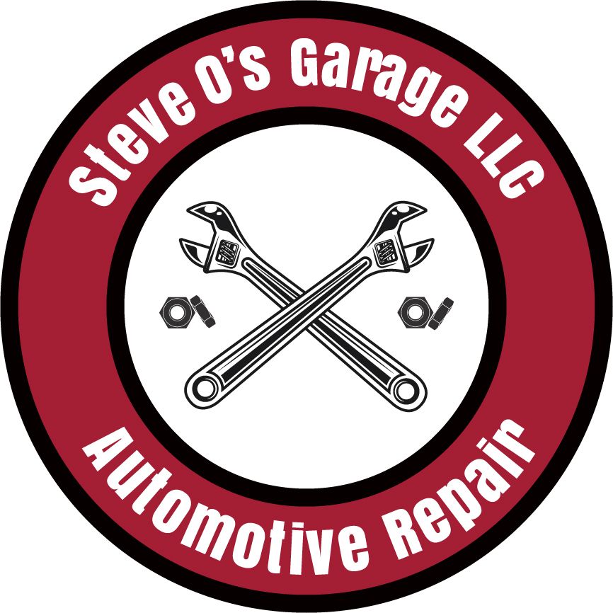 Steve O's Garage LLC logo: crossed wrenches, nuts, and text on a red and white circular emblem, advertising automotive repair.