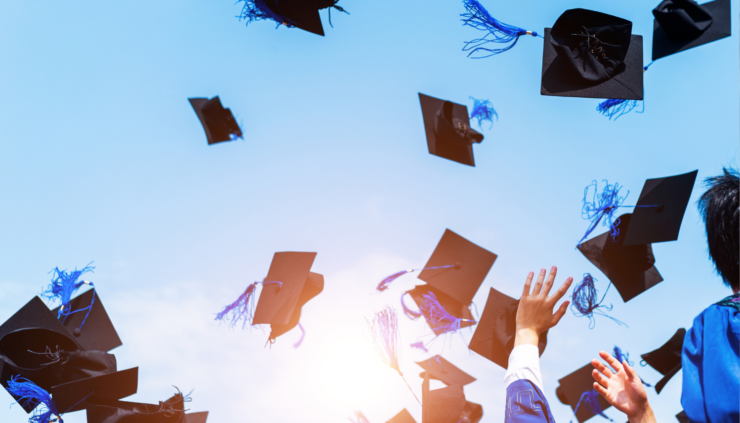 Graduates tossing caps into the air during a celebration, symbolizing achievement, education success