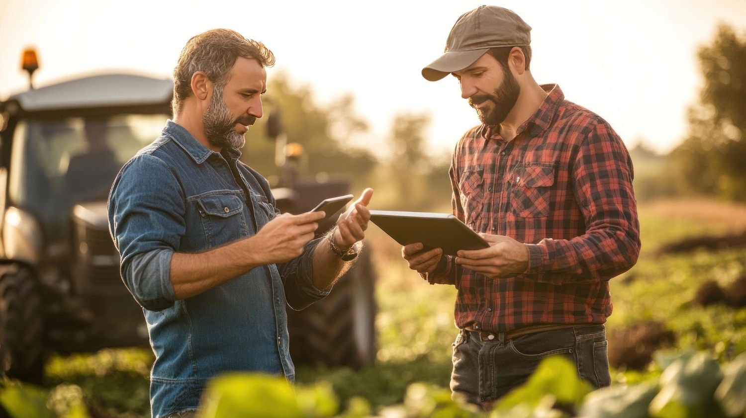 Two farmers in a field, one using a phone, the other a tablet, with a tractor in the background.