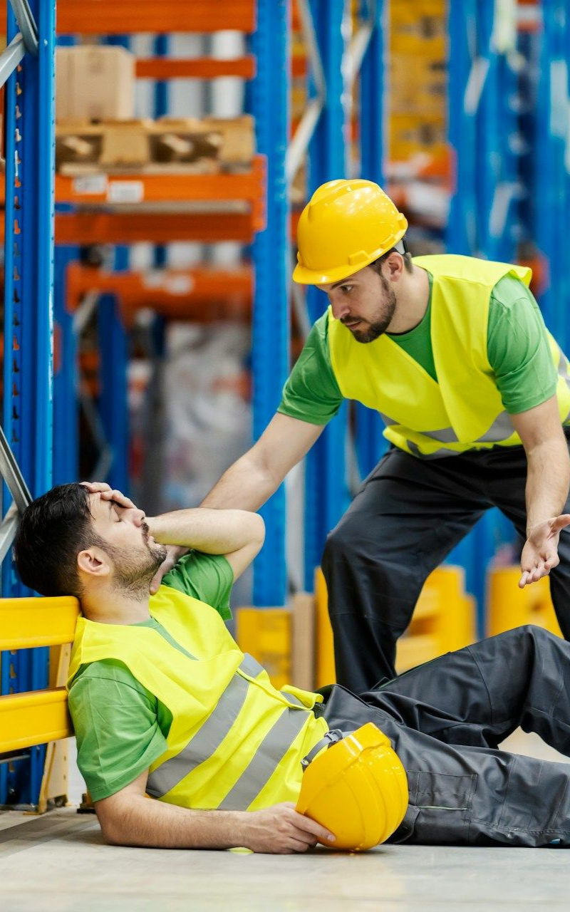 Warehouse worker lying on floor, another worker assisting. Both wearing vests and hard hats. Blue shelves in background.
