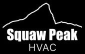 White mountain peak graphic, "Squaw Peak" text, "HVAC" below; white on black background.