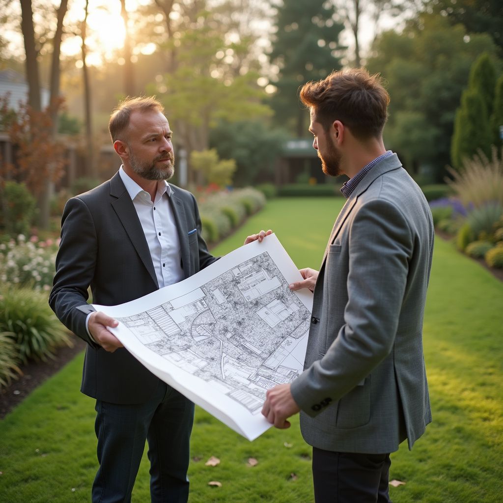 Two men in suits reviewing blueprints outdoors in a garden setting.