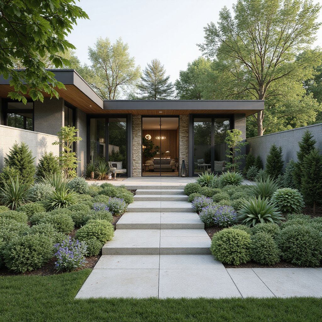 Modern home exterior with a stone pathway leading to the front door, surrounded by lush landscaping.