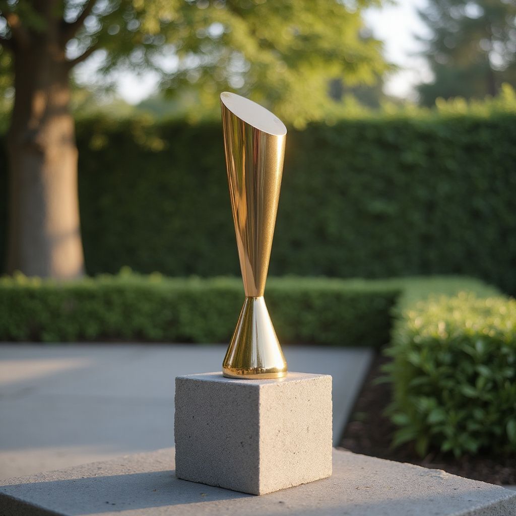 Golden trophy on a gray block, set outside with green hedges and a tree in the background.