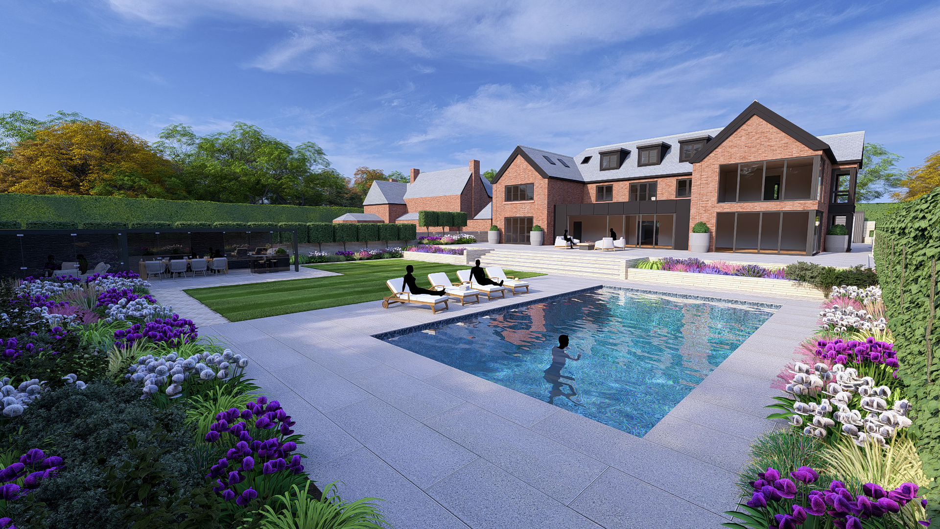 Luxurious backyard with pool, two sunbathers, and a large brick house under a blue sky.