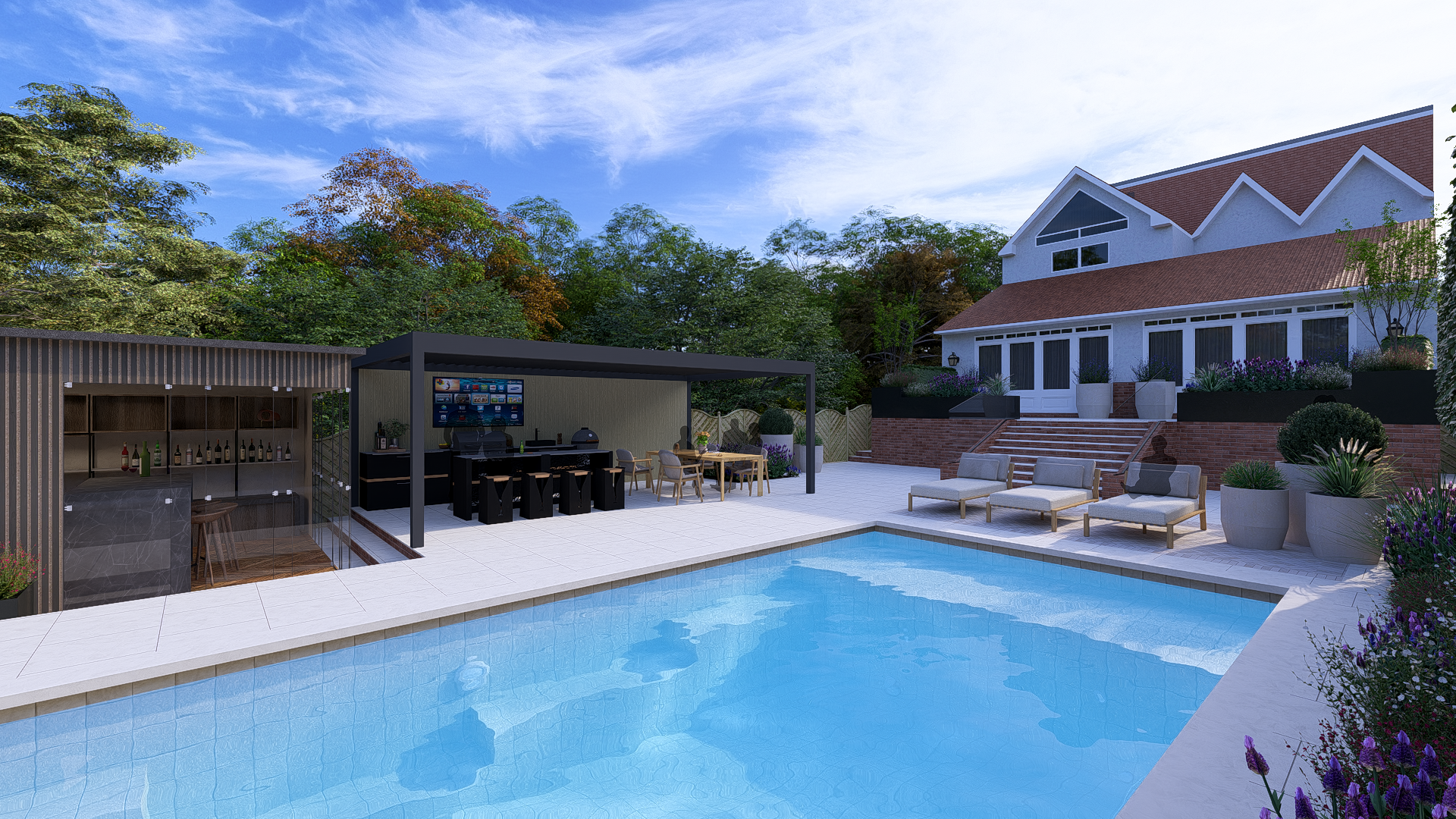 Swimming pool and outdoor kitchen next to a house with a red roof, under a blue sky.