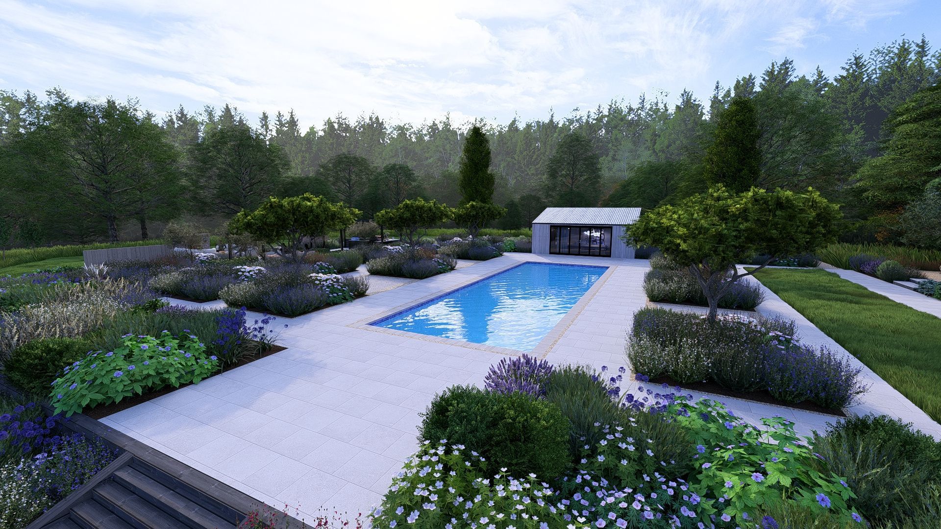 A rectangular pool surrounded by lush garden beds, with a small building in the background.