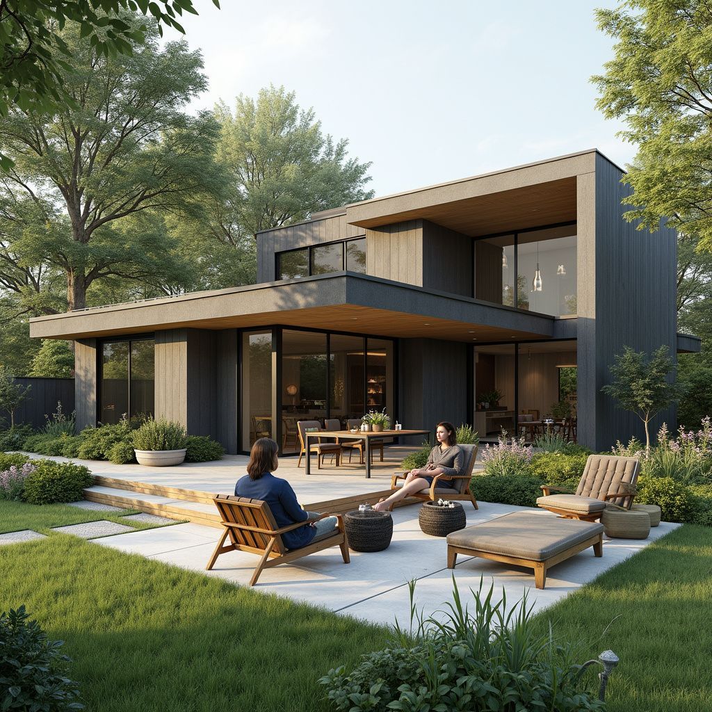 Modern gray house with open patio, two people relaxing in chairs, green lawn, trees.