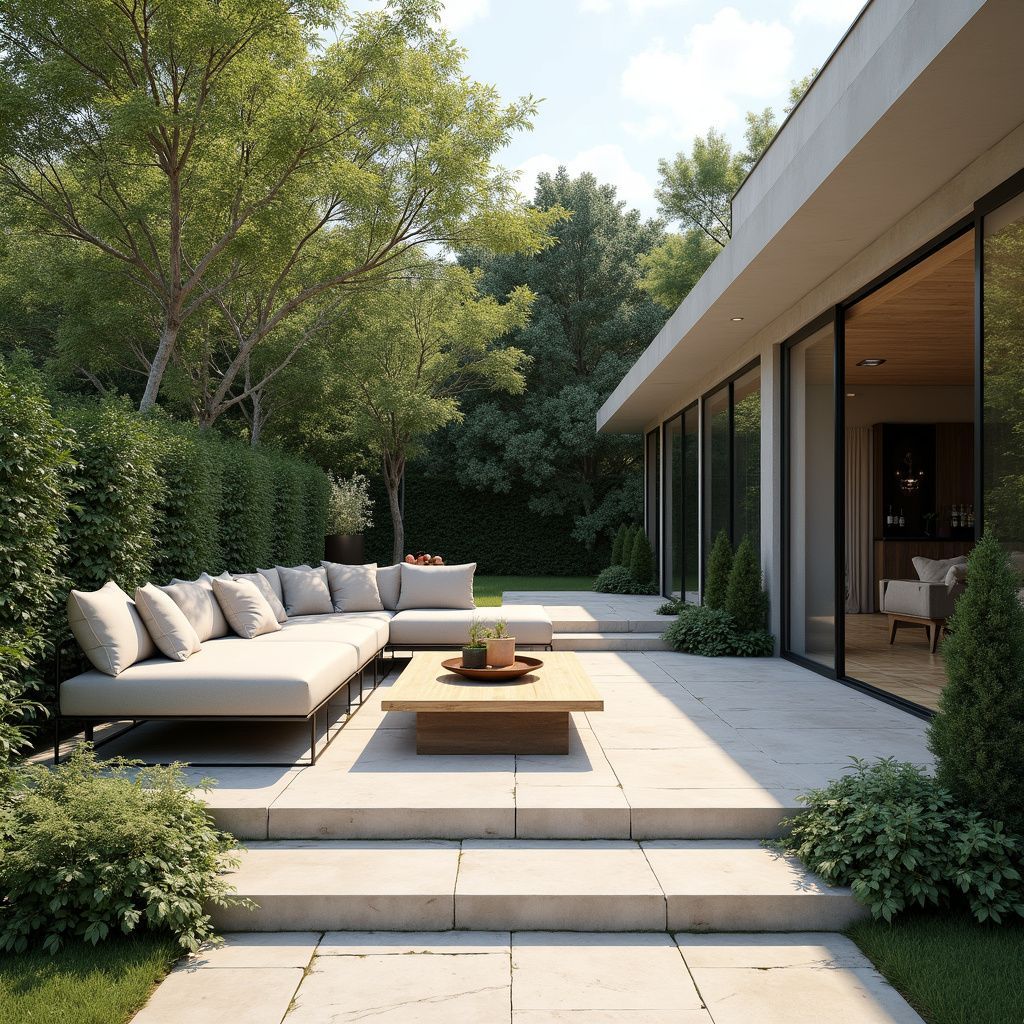 Outdoor patio with beige sectional sofa, wooden coffee table, and glass-walled house. Lush greenery surrounds.