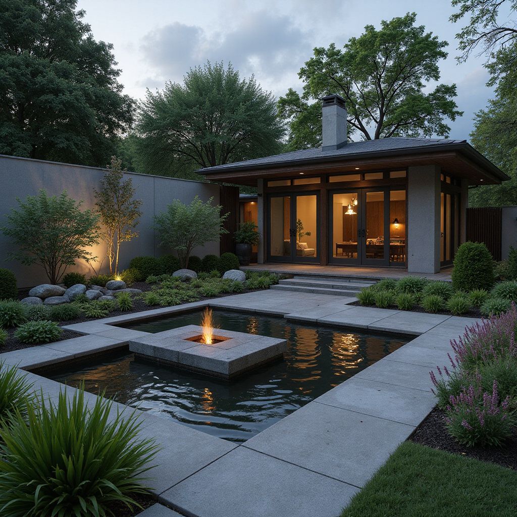 Modern garden with a water feature and a small building with lights on, at dusk.