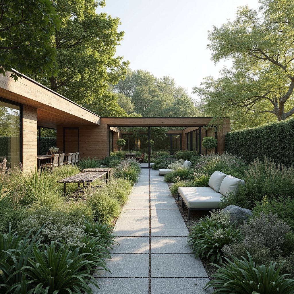 A modern garden with a stone path, lush greenery, and a wooden patio next to a house.