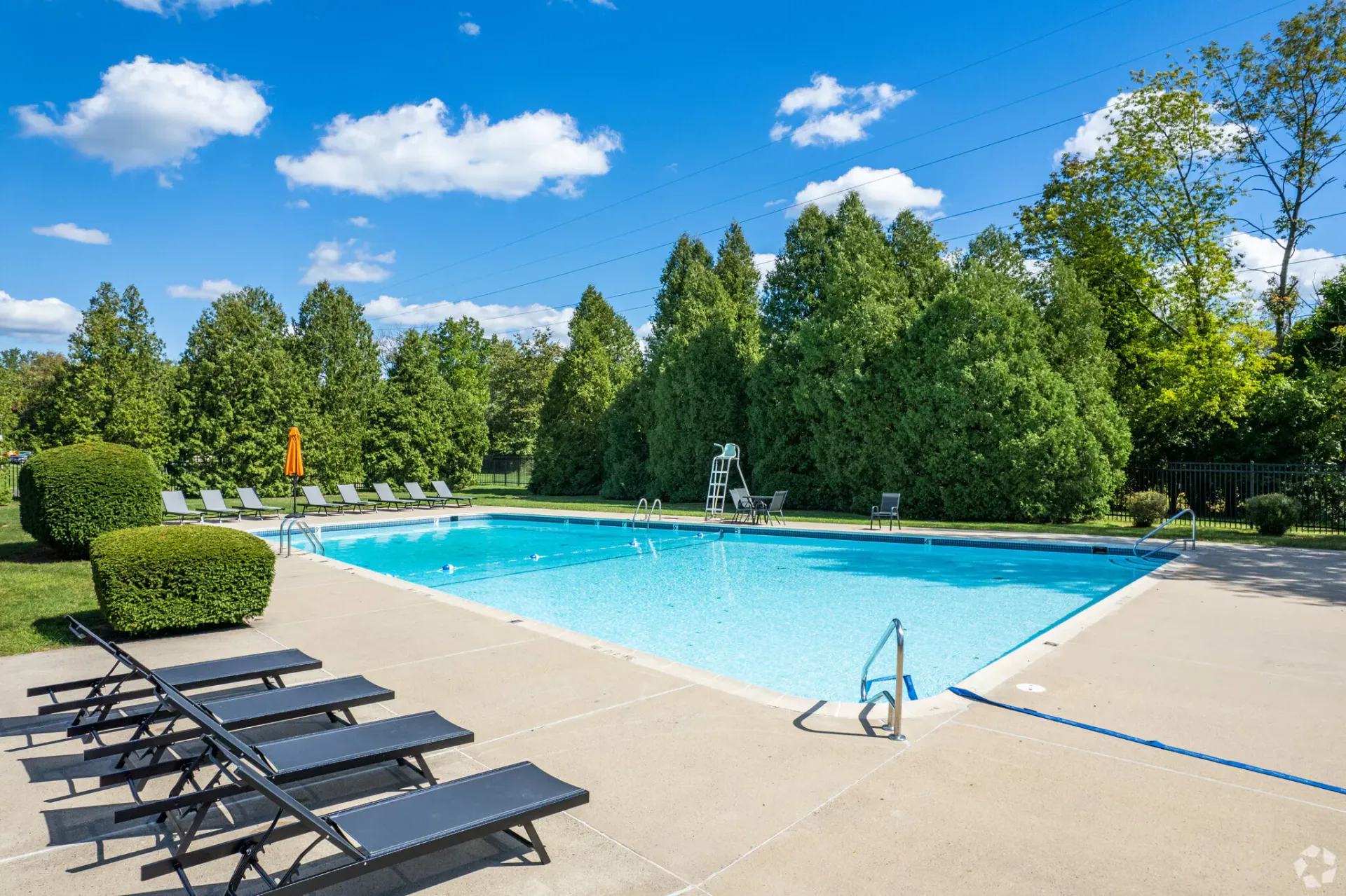 Outdoor community swimming pool with blue water, lounge chairs, and trees.