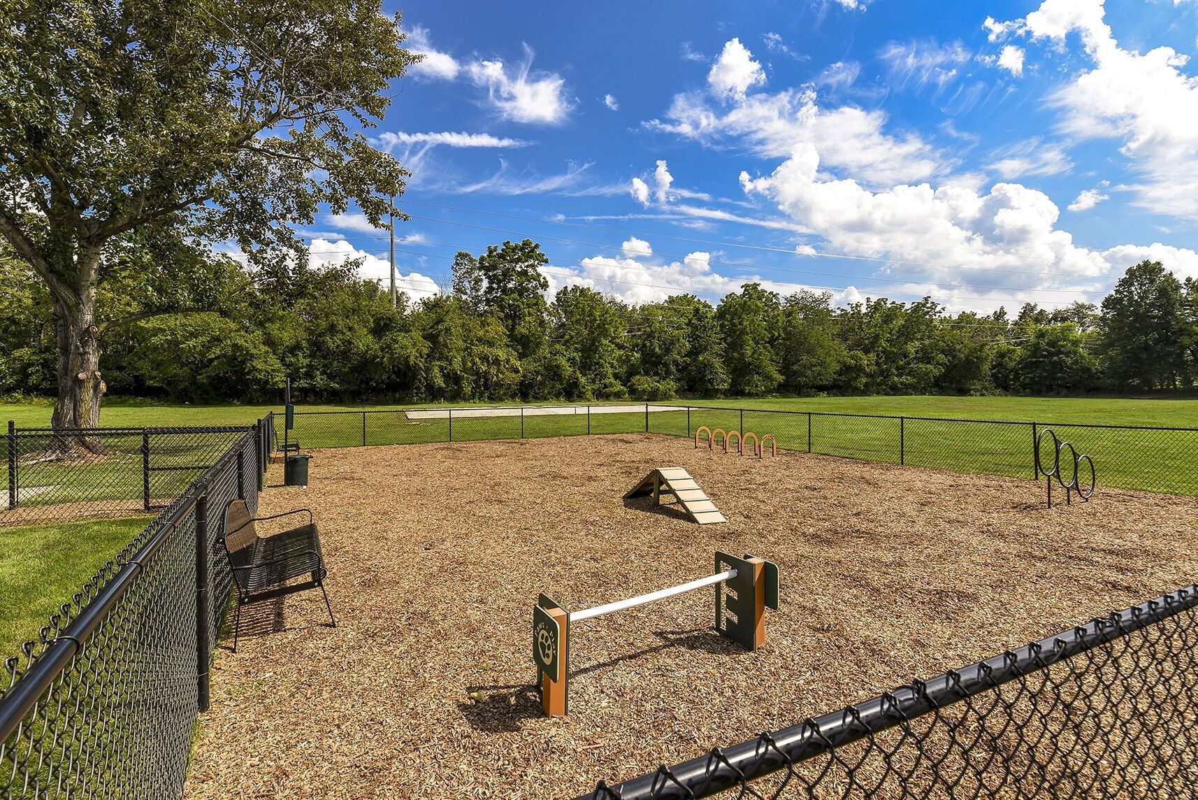 Fenced outdoor community park with a small playground, agility equipment, and a bench.