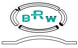 Stylized black and teal BRW logo inside an oval, above a curved black line on a white background