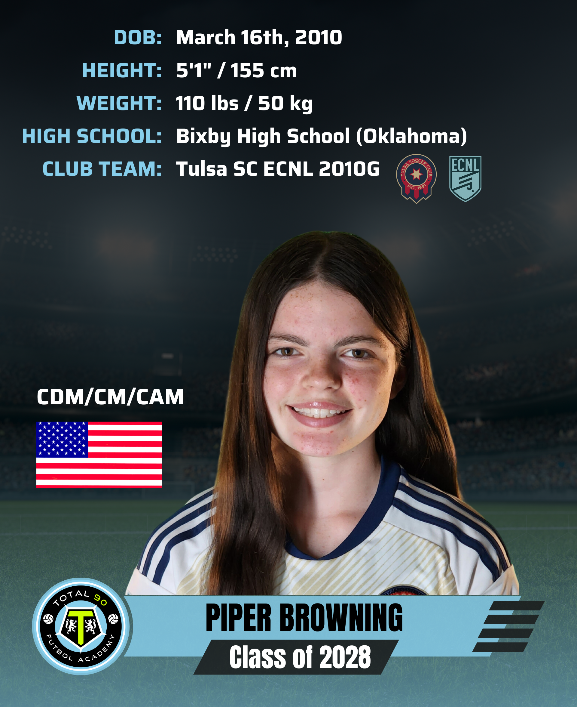 Soccer player Piper Browning, USA, born March 16, 2010, playing for Tulsa SC, Bixby High School.
