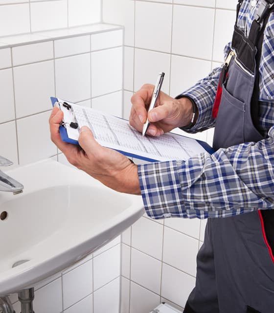 A Man is Writing on a Clipboard in Front of a Sink — All Plumb & Gas in North Boambee Valley, NSW
