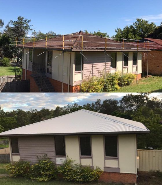 A Before and After Picture of a House With Scaffolding on the Roof — All Plumb & Gas in Coffs Harbour, NSW